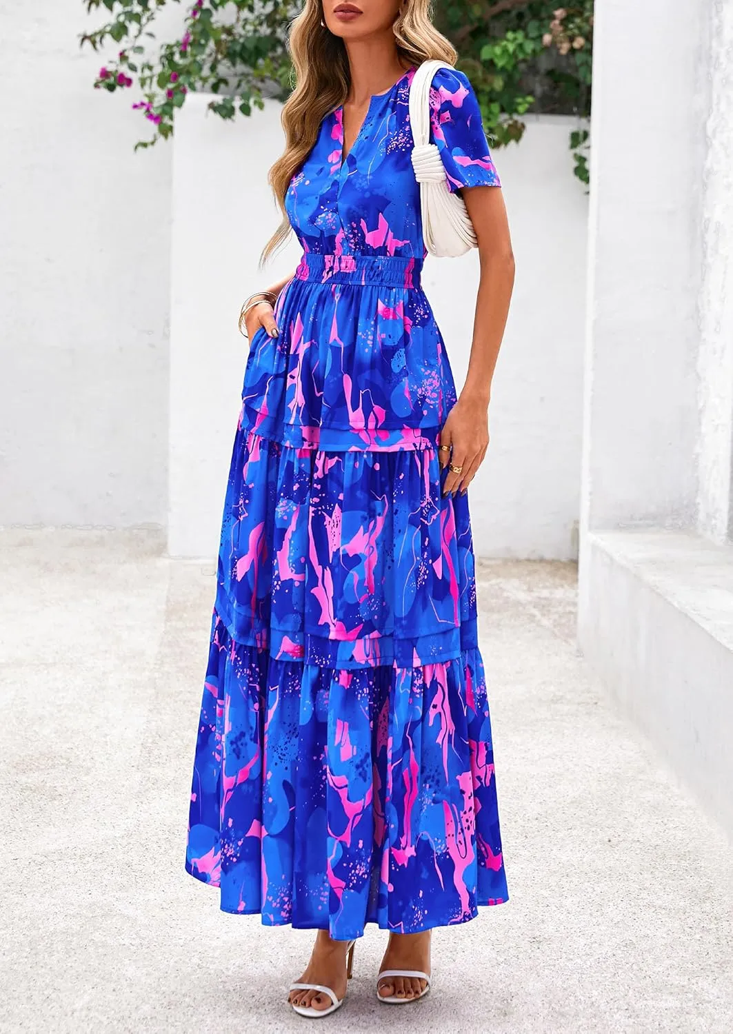 PRETTYGARDEN Women's 2025 Summer Boho Maxi Dresses Floral Short Sleeve V Neck A Line Tiered Flowy Long Beach Vacation Dress