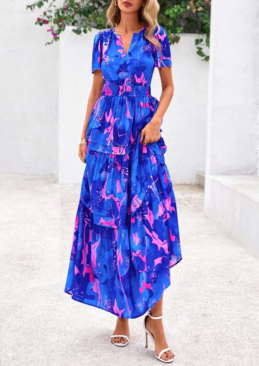 PRETTYGARDEN Women's 2025 Summer Boho Maxi Dresses Floral Short Sleeve V Neck A Line Tiered Flowy Long Beach Vacation Dress