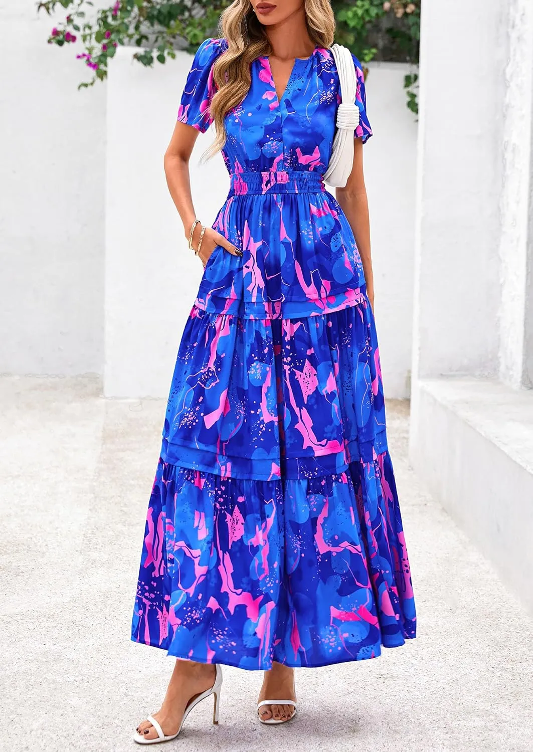 PRETTYGARDEN Women's 2025 Summer Boho Maxi Dresses Floral Short Sleeve V Neck A Line Tiered Flowy Long Beach Vacation Dress