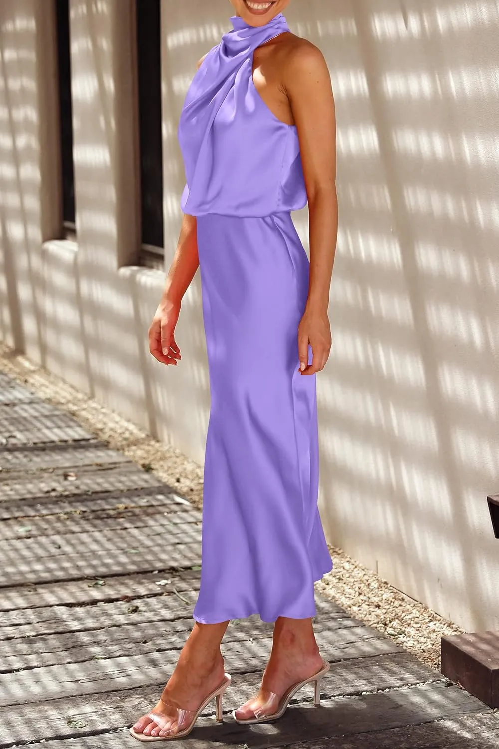 PRETTYGARDEN Women's 2025 Summer Satin Dress Elegant Sleeveless Mock Neck Cocktail Party Maxi Dresses