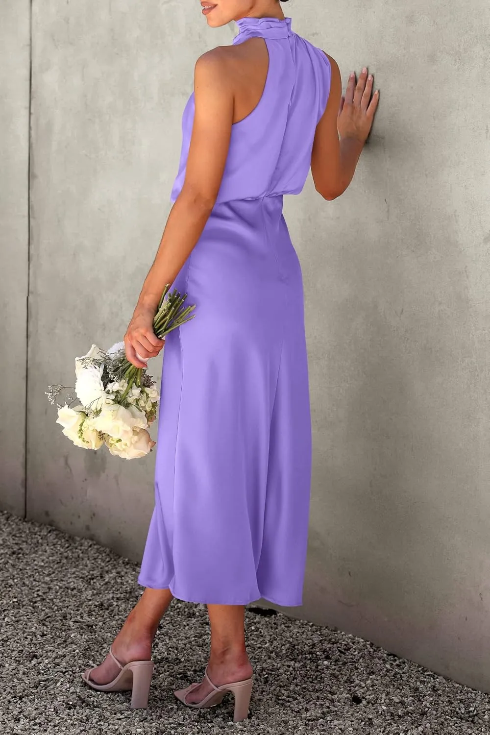 PRETTYGARDEN Women's 2025 Summer Satin Dress Elegant Sleeveless Mock Neck Cocktail Party Maxi Dresses