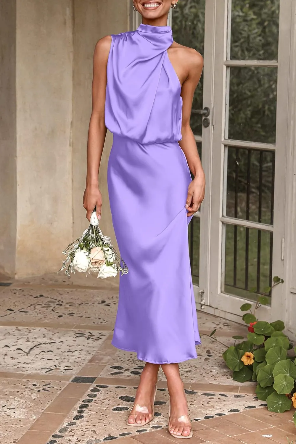 PRETTYGARDEN Women's 2025 Summer Satin Dress Elegant Sleeveless Mock Neck Cocktail Party Maxi Dresses