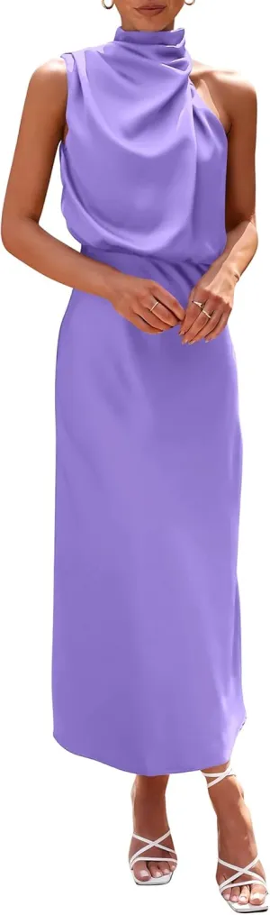 PRETTYGARDEN Women's 2025 Summer Satin Dress Elegant Sleeveless Mock Neck Cocktail Party Maxi Dresses