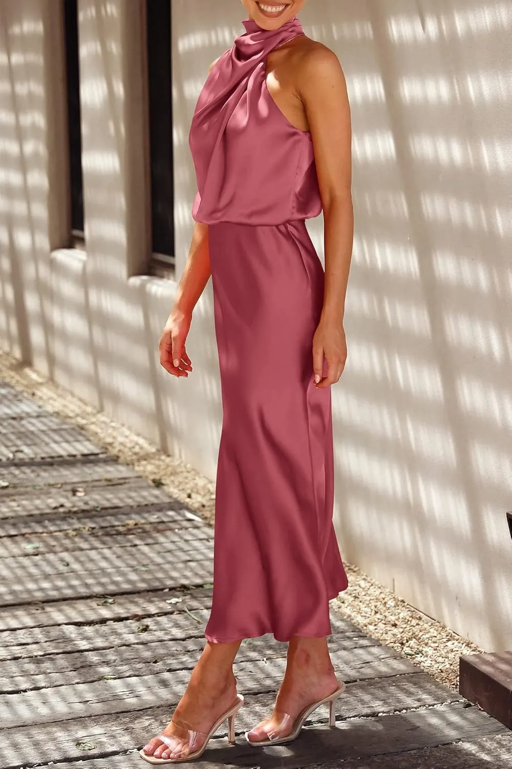 PRETTYGARDEN Women's 2025 Summer Satin Dress Elegant Sleeveless Mock Neck Cocktail Party Maxi Dresses