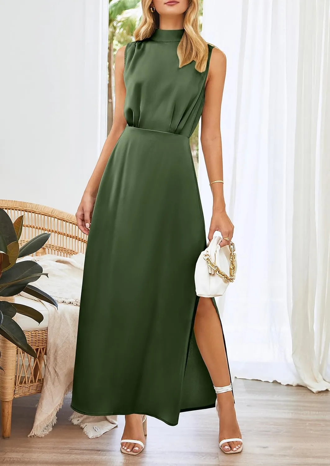 PRETTYGARDEN Women's Long Formal Satin Dress Mock Neck Sleeveless Side Slit Flowy Maxi Tank Dresses