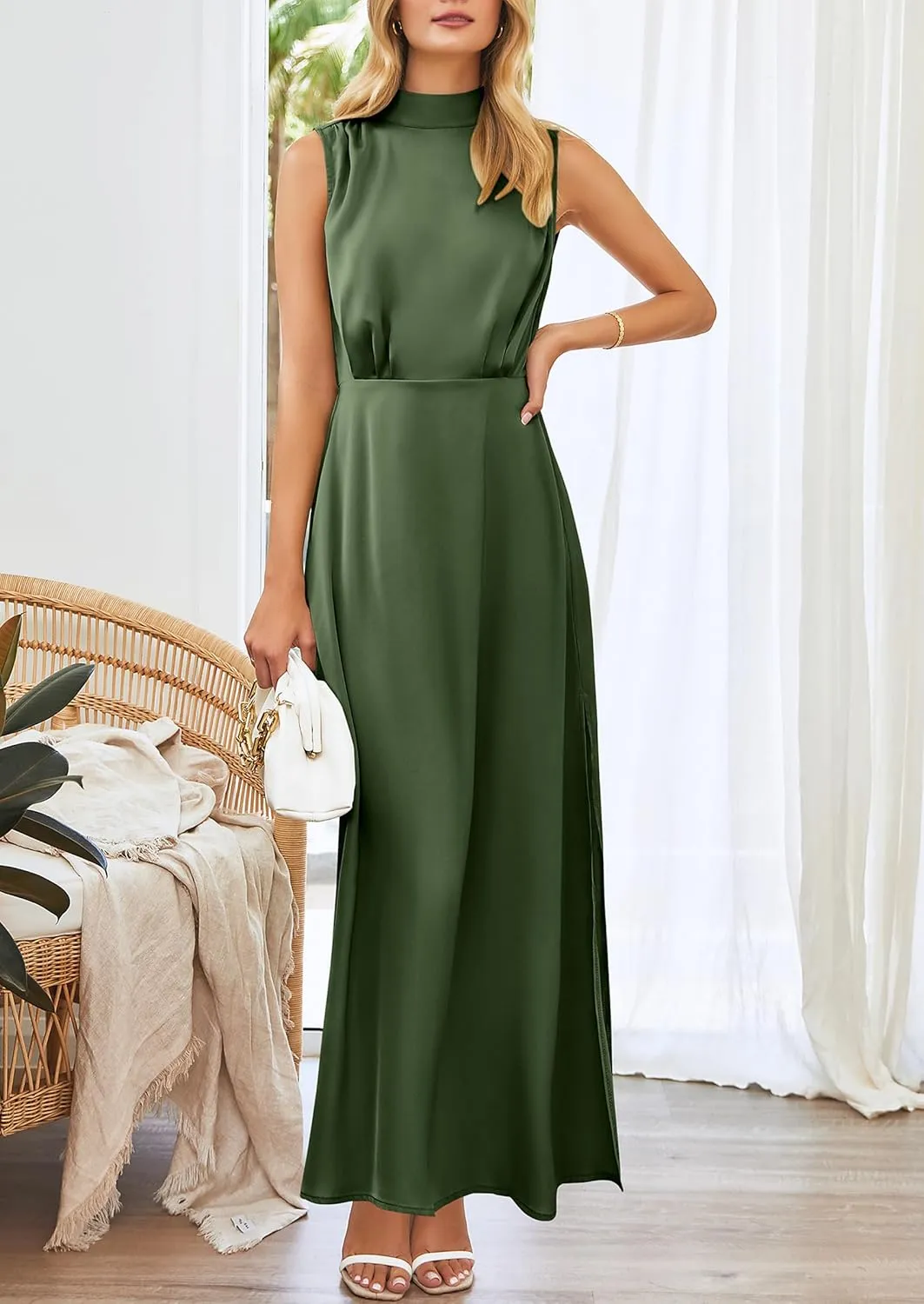 PRETTYGARDEN Women's Long Formal Satin Dress Mock Neck Sleeveless Side Slit Flowy Maxi Tank Dresses