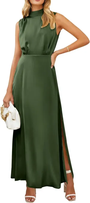 PRETTYGARDEN Women's Long Formal Satin Dress Mock Neck Sleeveless Side Slit Flowy Maxi Tank Dresses