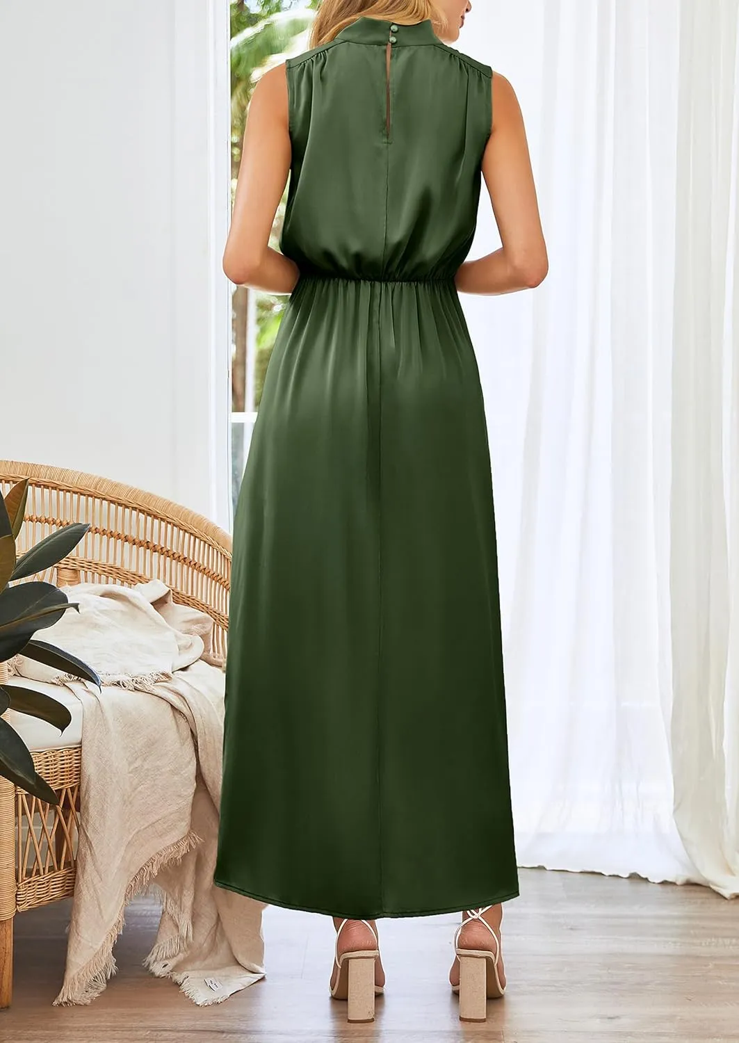 PRETTYGARDEN Women's Long Formal Satin Dress Mock Neck Sleeveless Side Slit Flowy Maxi Tank Dresses