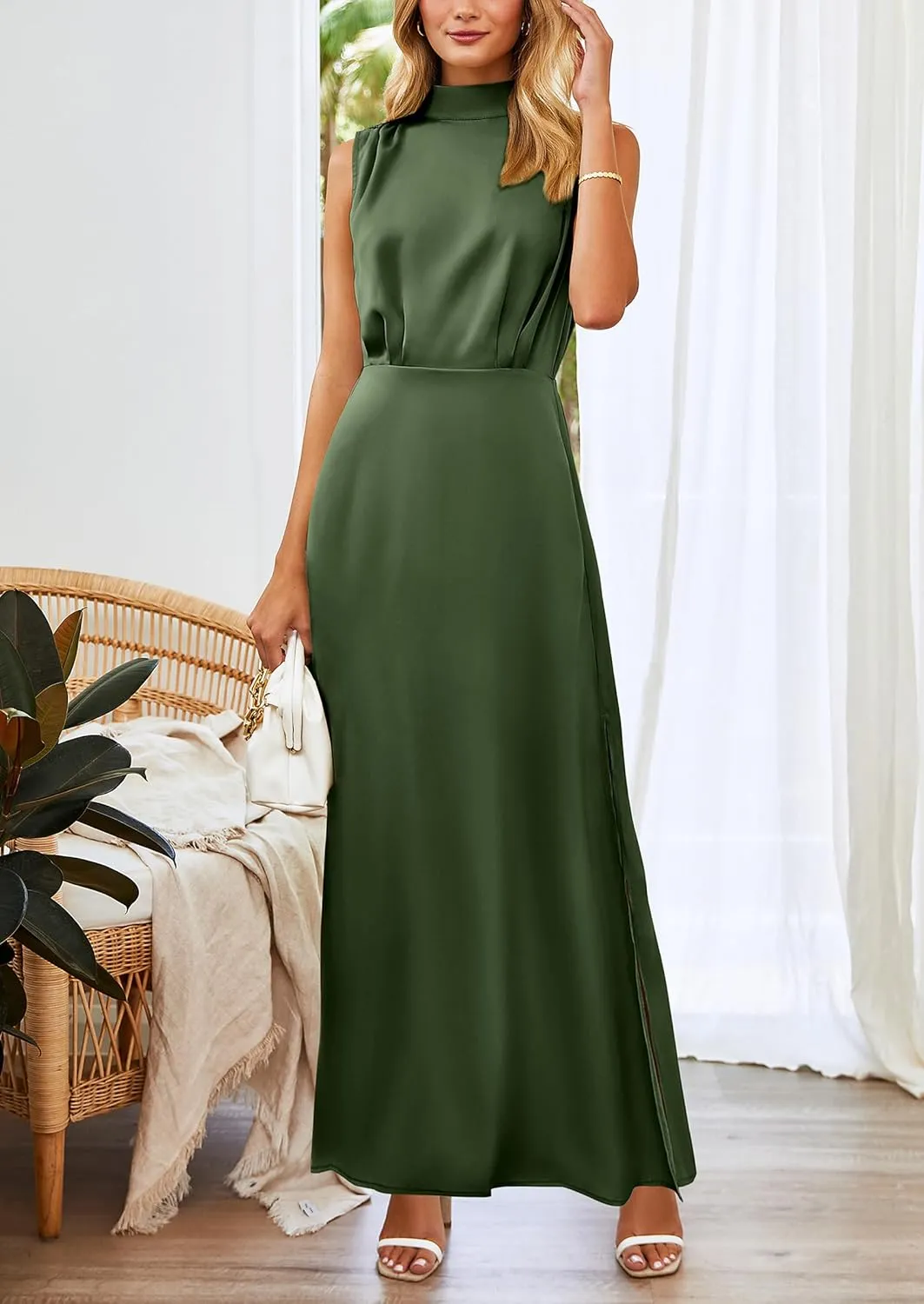 PRETTYGARDEN Women's Long Formal Satin Dress Mock Neck Sleeveless Side Slit Flowy Maxi Tank Dresses