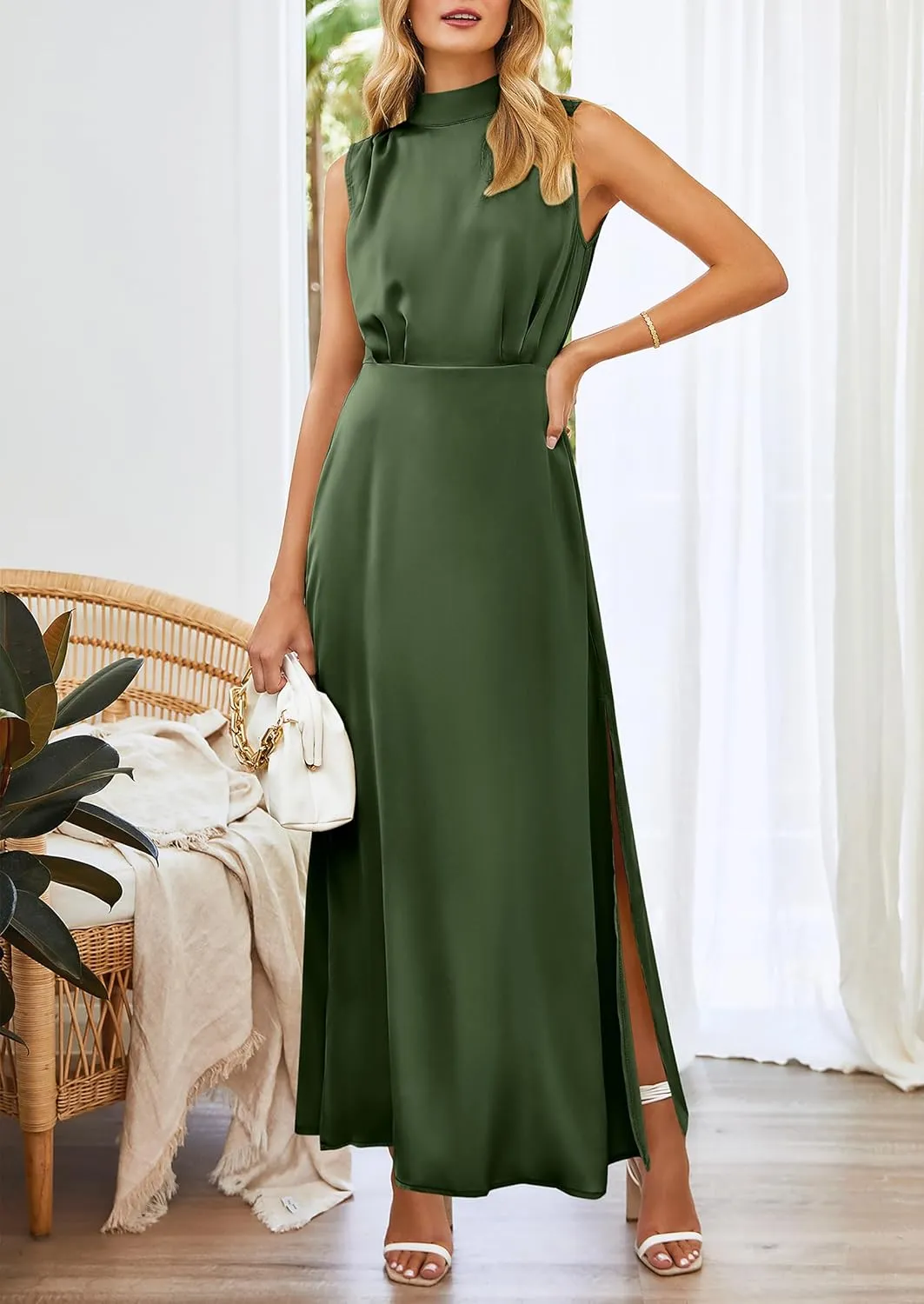 PRETTYGARDEN Women's Long Formal Satin Dress Mock Neck Sleeveless Side Slit Flowy Maxi Tank Dresses