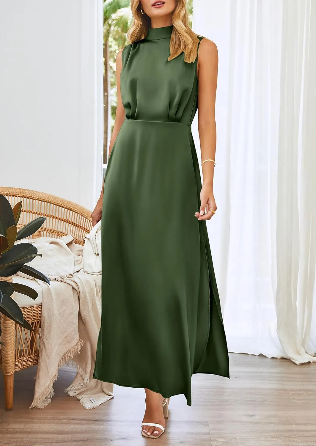 PRETTYGARDEN Women's Long Formal Satin Dress Mock Neck Sleeveless Side Slit Flowy Maxi Tank Dresses