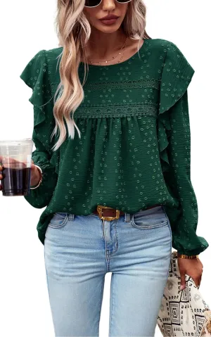 PRETTYGARDEN Women's Long Sleeve Blouses Ruffle Swiss Dot Crochet Loose Fit 2025 Spring Fall Tunic Dressy Casual Tops
