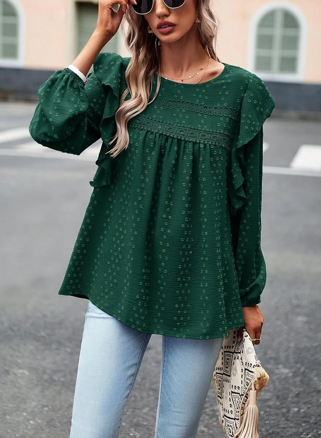 PRETTYGARDEN Women's Long Sleeve Blouses Ruffle Swiss Dot Crochet Loose Fit 2025 Spring Fall Tunic Dressy Casual Tops