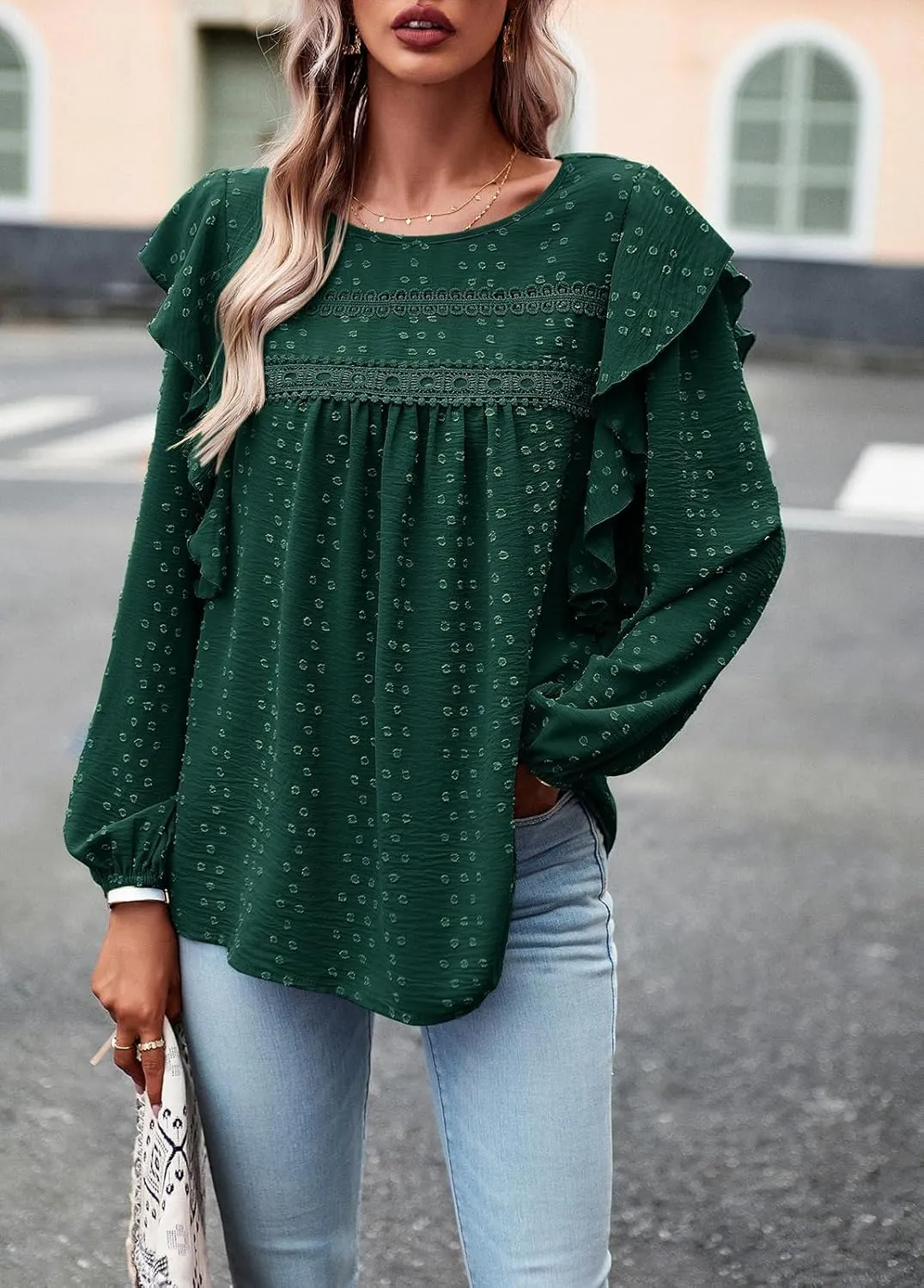 PRETTYGARDEN Women's Long Sleeve Blouses Ruffle Swiss Dot Crochet Loose Fit 2025 Spring Fall Tunic Dressy Casual Tops