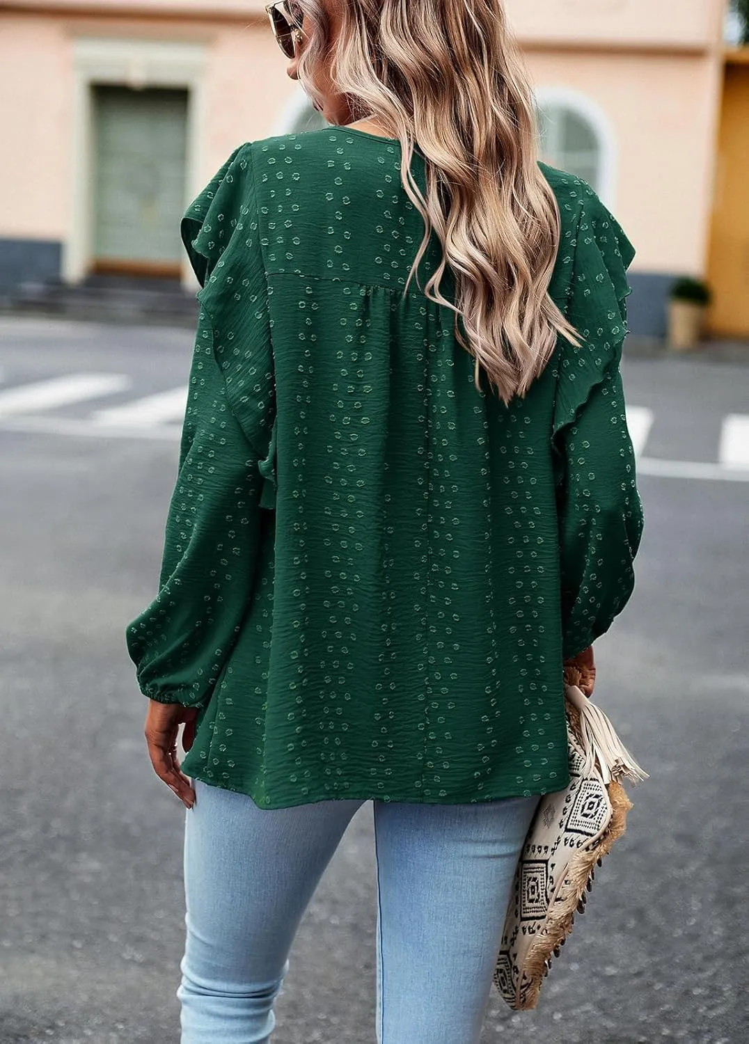 PRETTYGARDEN Women's Long Sleeve Blouses Ruffle Swiss Dot Crochet Loose Fit 2025 Spring Fall Tunic Dressy Casual Tops