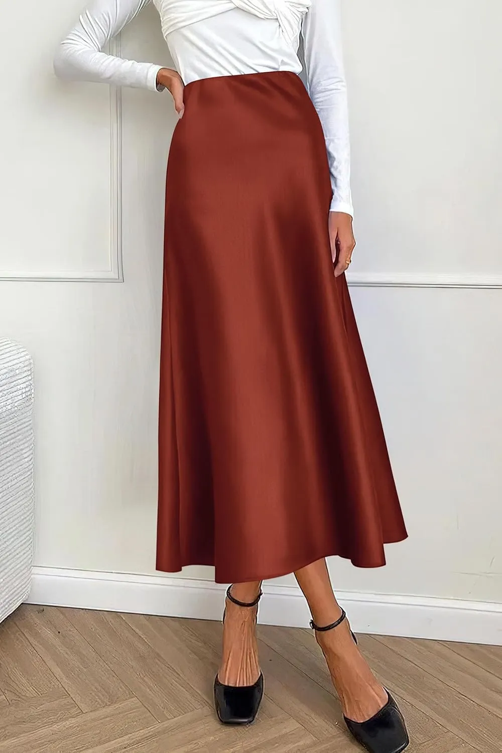 PRETTYGARDEN Women's Summer Midi Satin Skirt Dressy Casual High Waisted A Line Flowy Ruffle Elegant Party Skirts