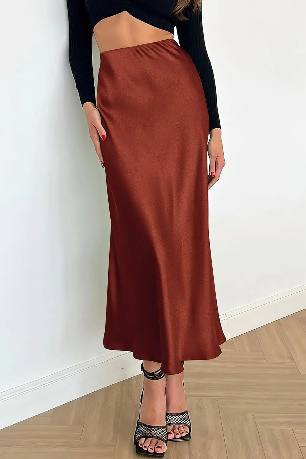 PRETTYGARDEN Women's Summer Midi Satin Skirt Dressy Casual High Waisted A Line Flowy Ruffle Elegant Party Skirts
