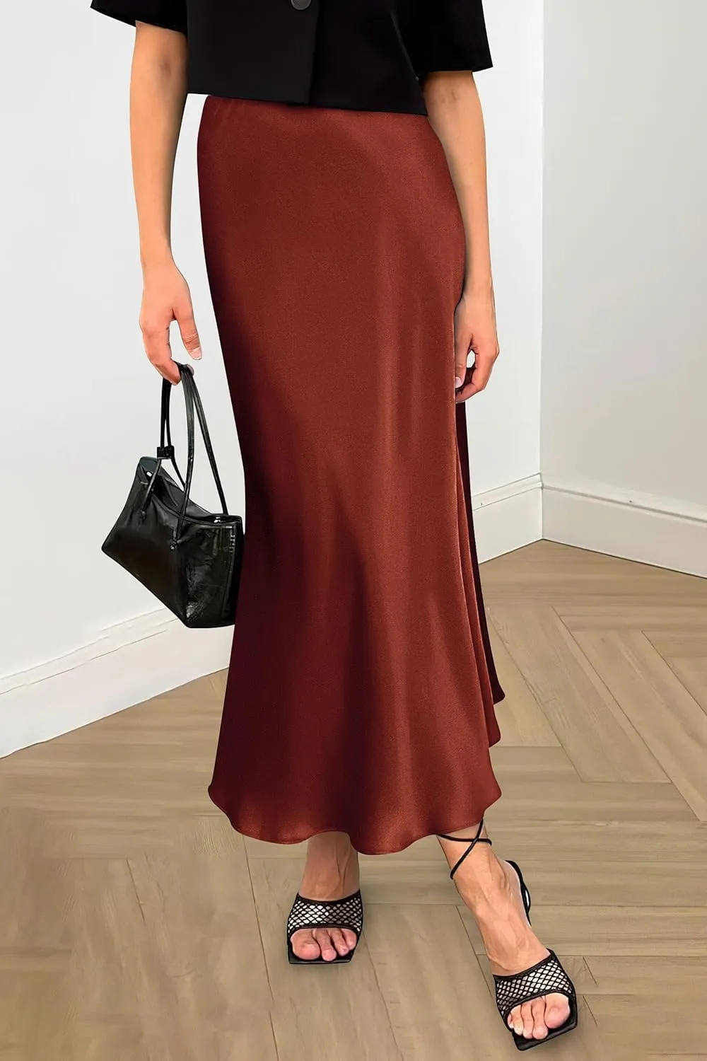 PRETTYGARDEN Women's Summer Midi Satin Skirt Dressy Casual High Waisted A Line Flowy Ruffle Elegant Party Skirts