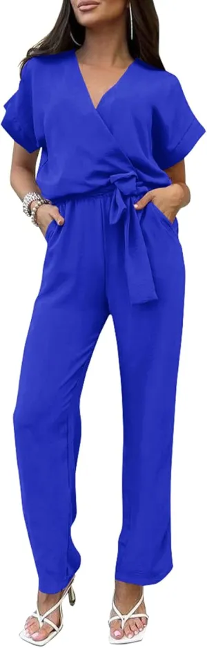 PRETTYGARDEN Women's Summer One Piece Jumpsuits Belted Short Sleeve Wrap V Neck Fashion Dressy Casual Wide Leg Pants Romper