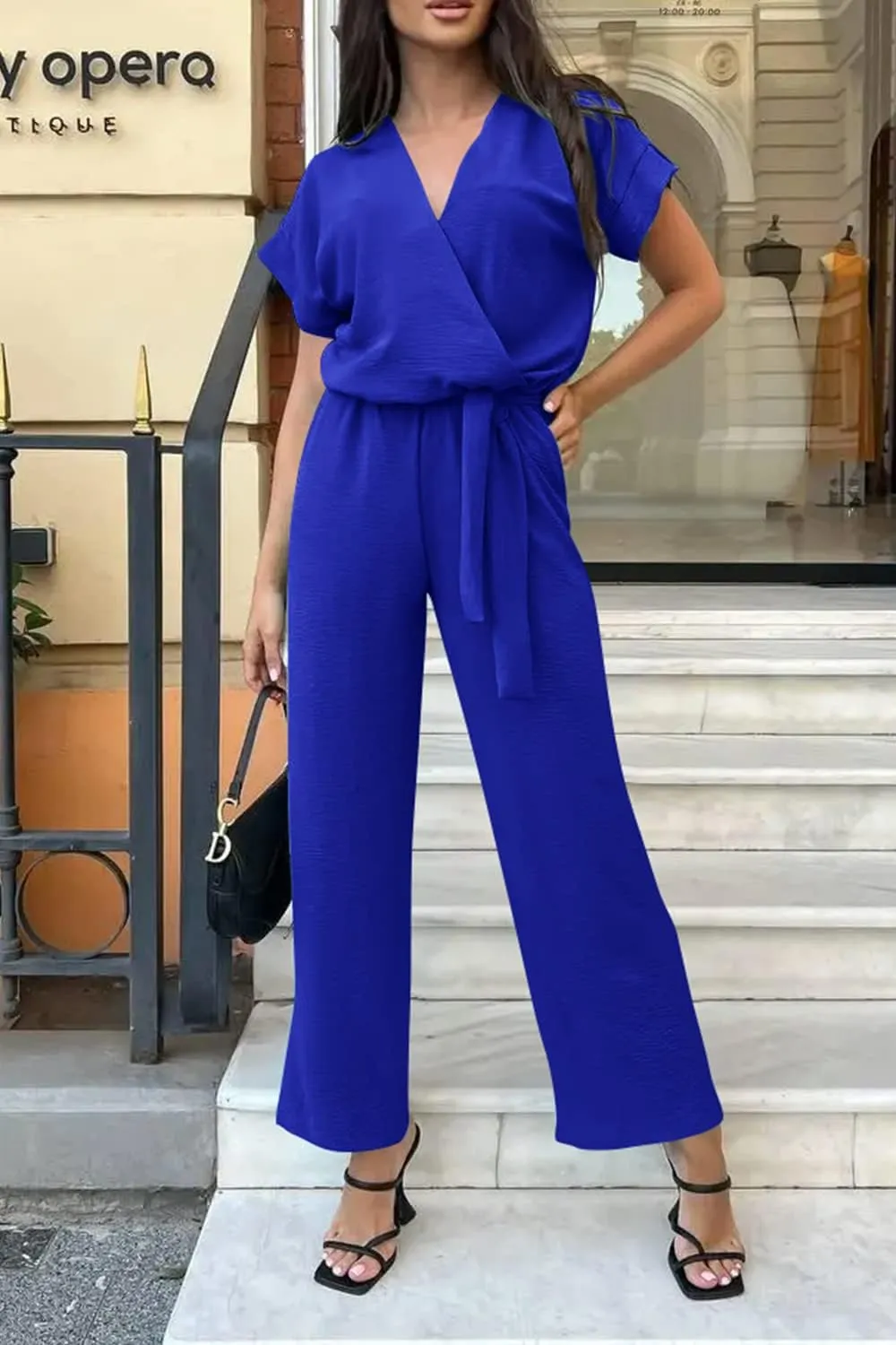 PRETTYGARDEN Women's Summer One Piece Jumpsuits Belted Short Sleeve Wrap V Neck Fashion Dressy Casual Wide Leg Pants Romper