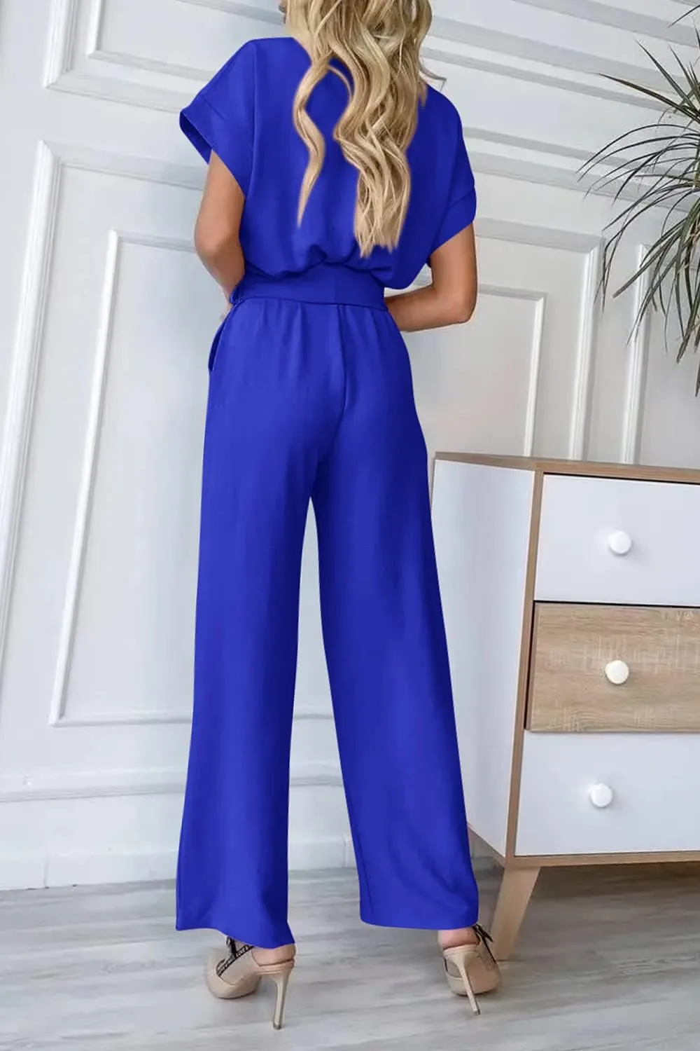 PRETTYGARDEN Women's Summer One Piece Jumpsuits Belted Short Sleeve Wrap V Neck Fashion Dressy Casual Wide Leg Pants Romper