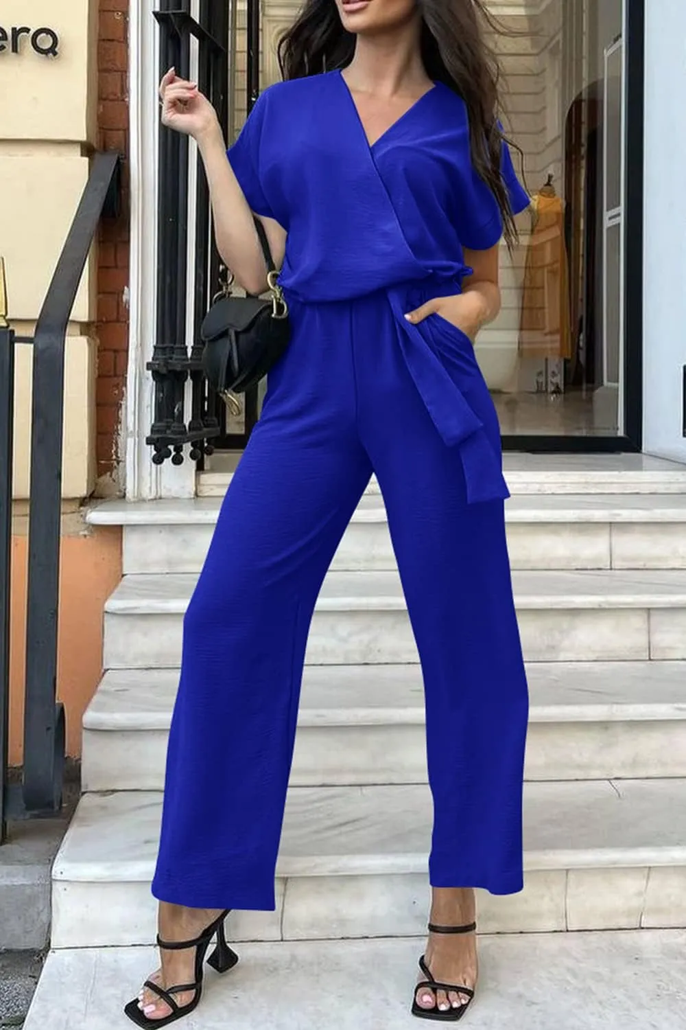 PRETTYGARDEN Women's Summer One Piece Jumpsuits Belted Short Sleeve Wrap V Neck Fashion Dressy Casual Wide Leg Pants Romper