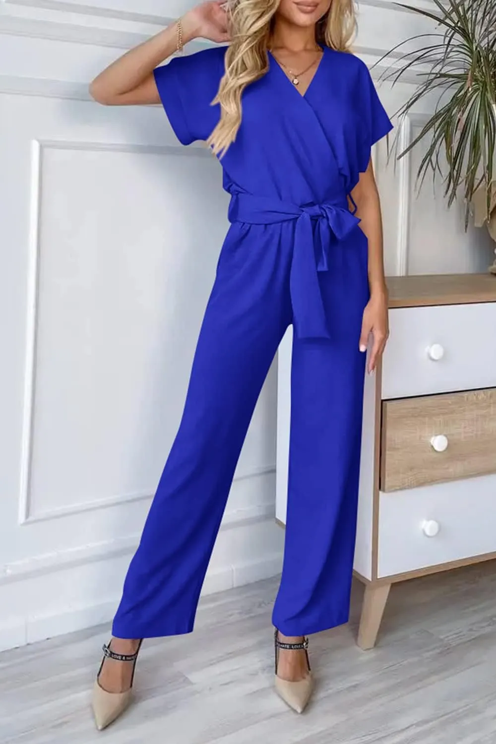 PRETTYGARDEN Women's Summer One Piece Jumpsuits Belted Short Sleeve Wrap V Neck Fashion Dressy Casual Wide Leg Pants Romper