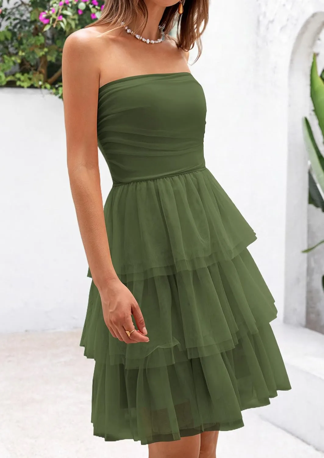 PRETTYGARDEN Womens Tulle Dress Strapless Tube Top Short Dress Summer Ruffle Tiered Beach Sundress Wedding Guest Dresses