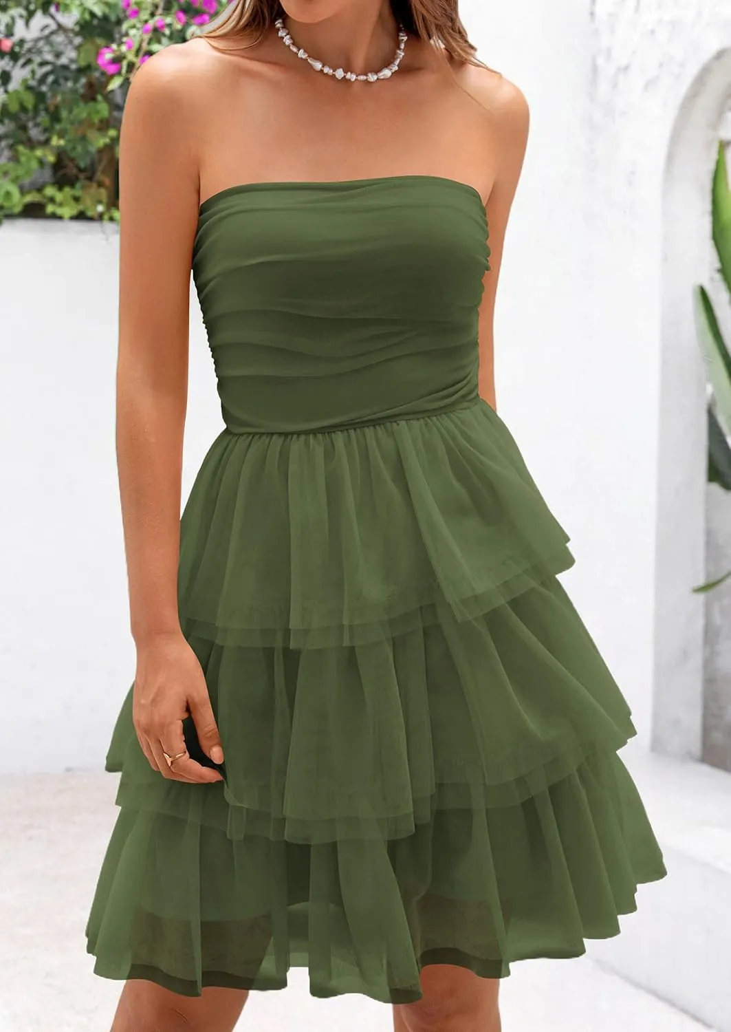 PRETTYGARDEN Womens Tulle Dress Strapless Tube Top Short Dress Summer Ruffle Tiered Beach Sundress Wedding Guest Dresses
