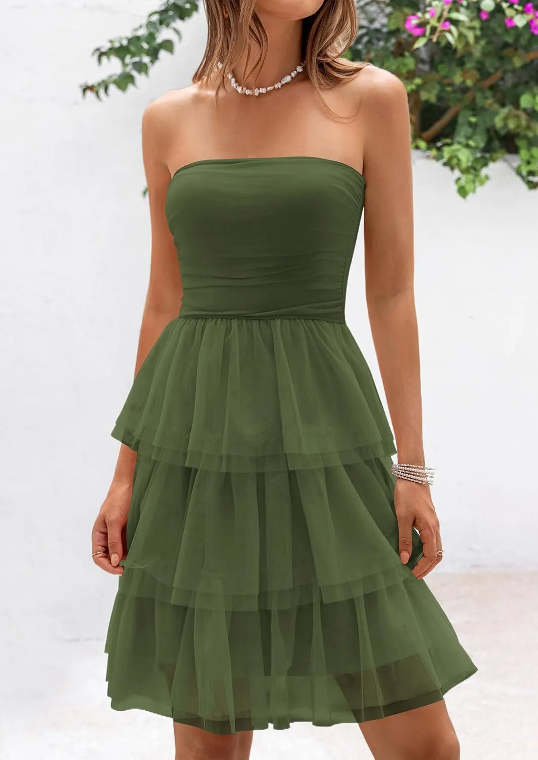 PRETTYGARDEN Womens Tulle Dress Strapless Tube Top Short Dress Summer Ruffle Tiered Beach Sundress Wedding Guest Dresses