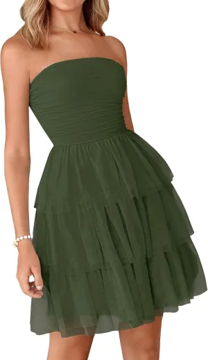 PRETTYGARDEN Womens Tulle Dress Strapless Tube Top Short Dress Summer Ruffle Tiered Beach Sundress Wedding Guest Dresses