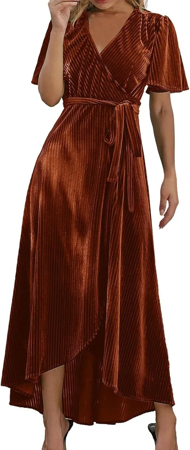 PTOLOCIF Women's Plus Size Maxi Dress, Black Velvet V-Neck Wrap Summer Cocktail Party Dress with Belt