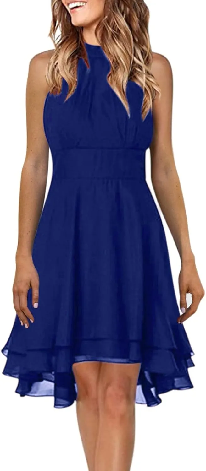 PTOLOCIF Womens Summer Casual Solid Halter Neck Button Chiffon Splice A Line House Dresses for Women with Pockets