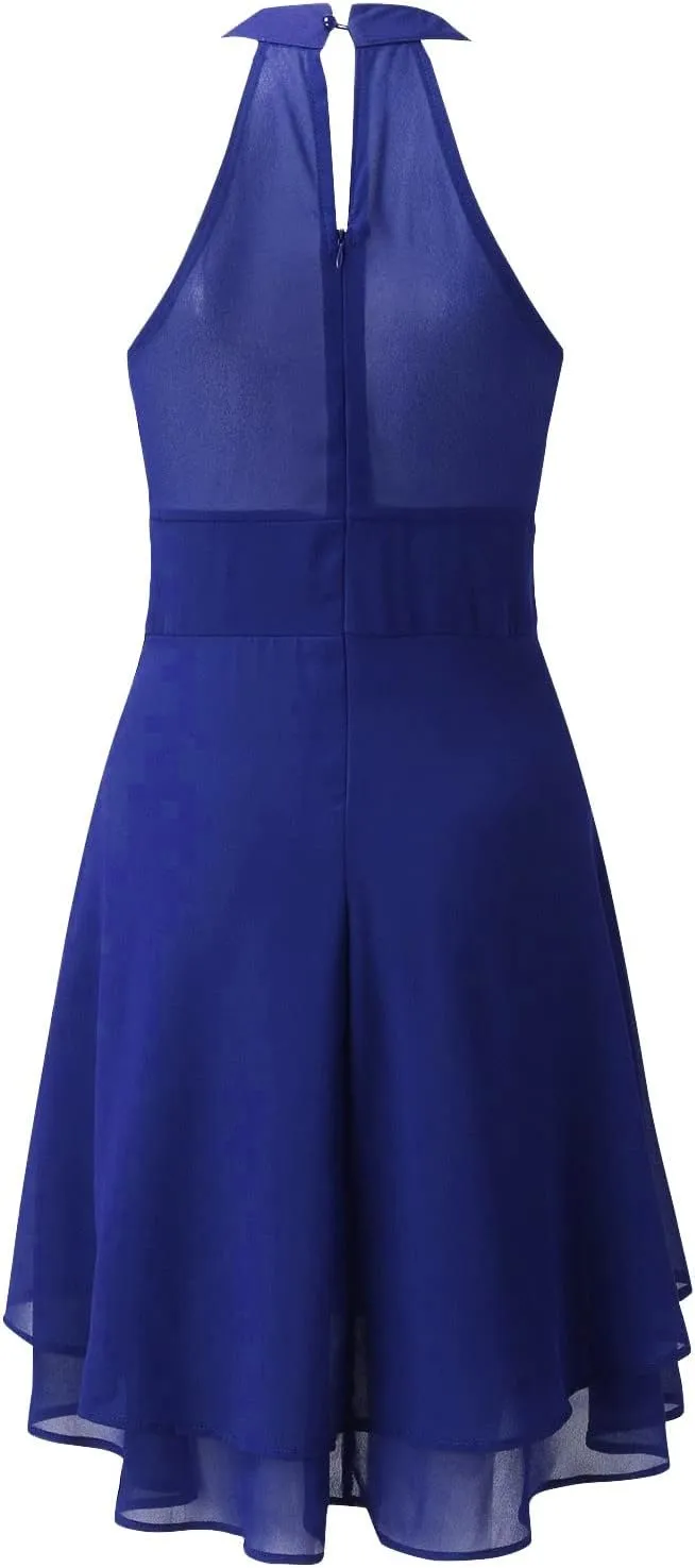 PTOLOCIF Womens Summer Casual Solid Halter Neck Button Chiffon Splice A Line House Dresses for Women with Pockets
