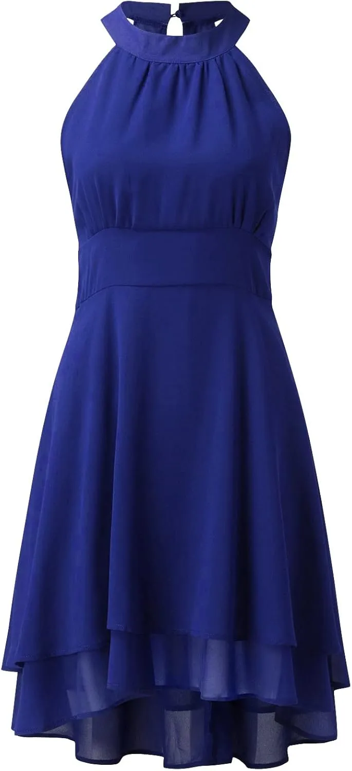 PTOLOCIF Womens Summer Casual Solid Halter Neck Button Chiffon Splice A Line House Dresses for Women with Pockets