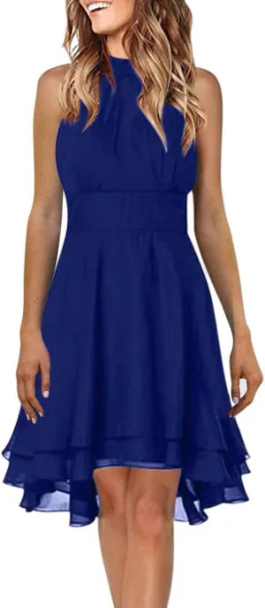 PTOLOCIF Womens Summer Casual Solid Halter Neck Button Chiffon Splice A Line House Dresses for Women with Pockets