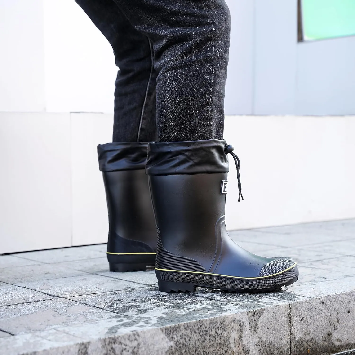 Rain Boots for Men, Waterproof Warm Rubber Boots Mens Garden Boots, Comfort Mid-Calf Lightweight Adjustable Raining Shoes, Elastic Chelsea Ankle Rain Boots Fishing Shoes for Yard Farm Outdoor Work