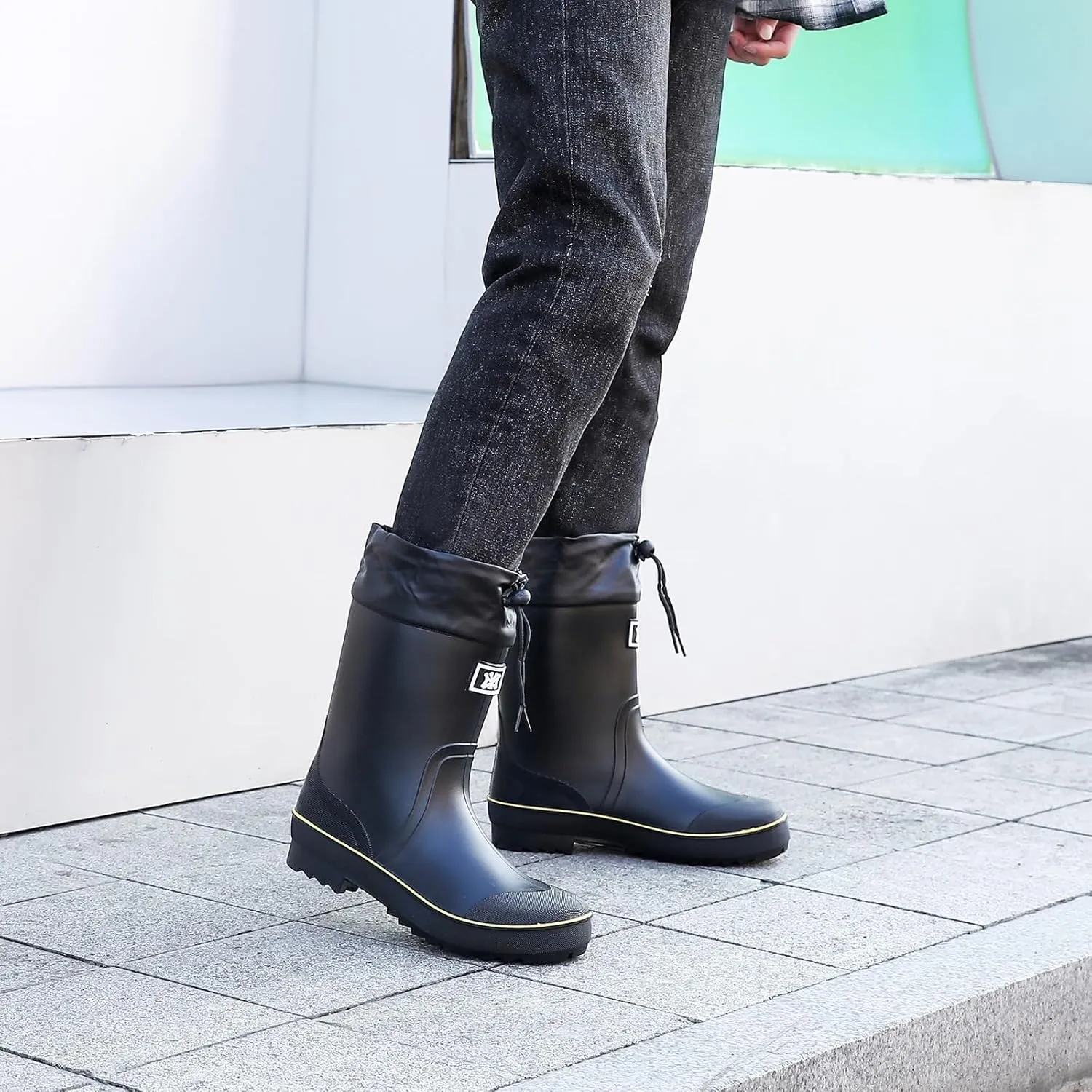 Rain Boots for Men, Waterproof Warm Rubber Boots Mens Garden Boots, Comfort Mid-Calf Lightweight Adjustable Raining Shoes, Elastic Chelsea Ankle Rain Boots Fishing Shoes for Yard Farm Outdoor Work