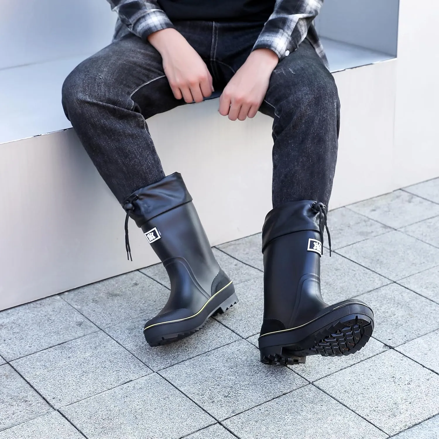 Rain Boots for Men, Waterproof Warm Rubber Boots Mens Garden Boots, Comfort Mid-Calf Lightweight Adjustable Raining Shoes, Elastic Chelsea Ankle Rain Boots Fishing Shoes for Yard Farm Outdoor Work