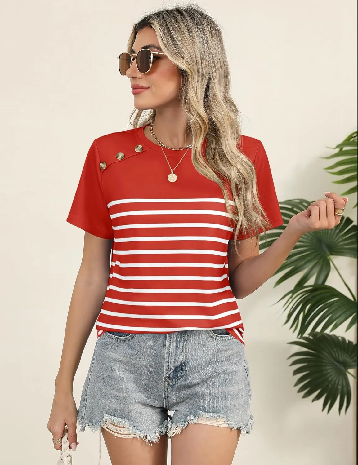 Rapbin Womens Summer Tops 2025 Dressy Casual Short Sleeve Crewneck T Shirts Trendy Striped Button Decor Tunic Blouse