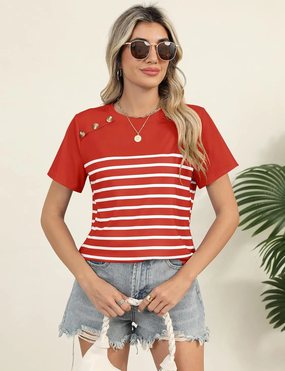 Rapbin Womens Summer Tops 2025 Dressy Casual Short Sleeve Crewneck T Shirts Trendy Striped Button Decor Tunic Blouse
