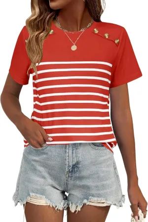 Rapbin Womens Summer Tops 2025 Dressy Casual Short Sleeve Crewneck T Shirts Trendy Striped Button Decor Tunic Blouse