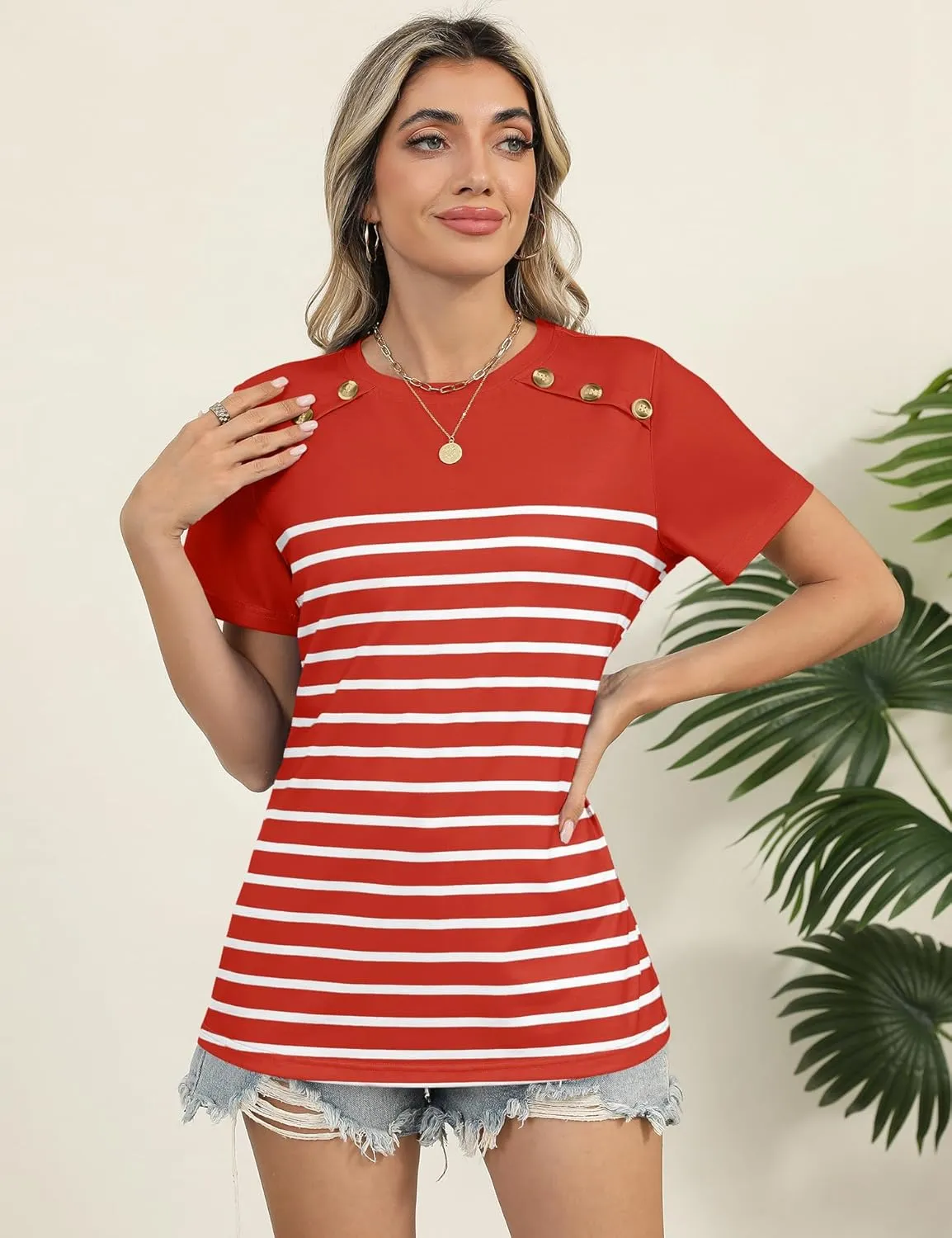 Rapbin Womens Summer Tops 2025 Dressy Casual Short Sleeve Crewneck T Shirts Trendy Striped Button Decor Tunic Blouse