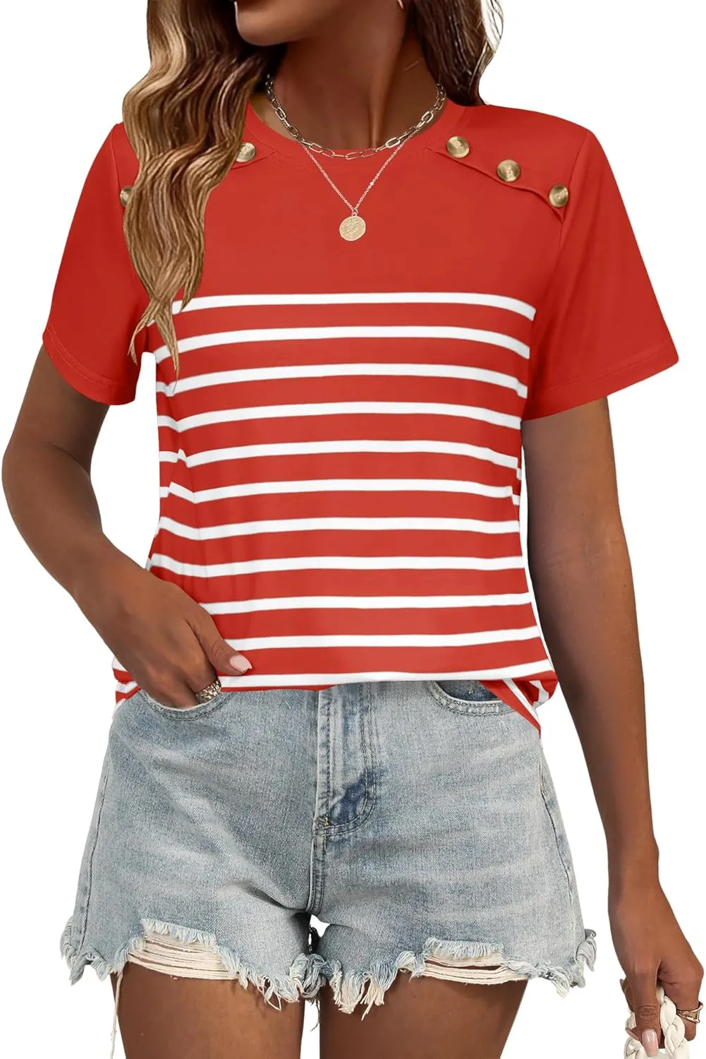 Rapbin Womens Summer Tops 2025 Dressy Casual Short Sleeve Crewneck T Shirts Trendy Striped Button Decor Tunic Blouse