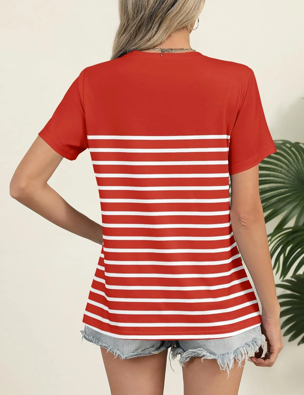 Rapbin Womens Summer Tops 2025 Dressy Casual Short Sleeve Crewneck T Shirts Trendy Striped Button Decor Tunic Blouse