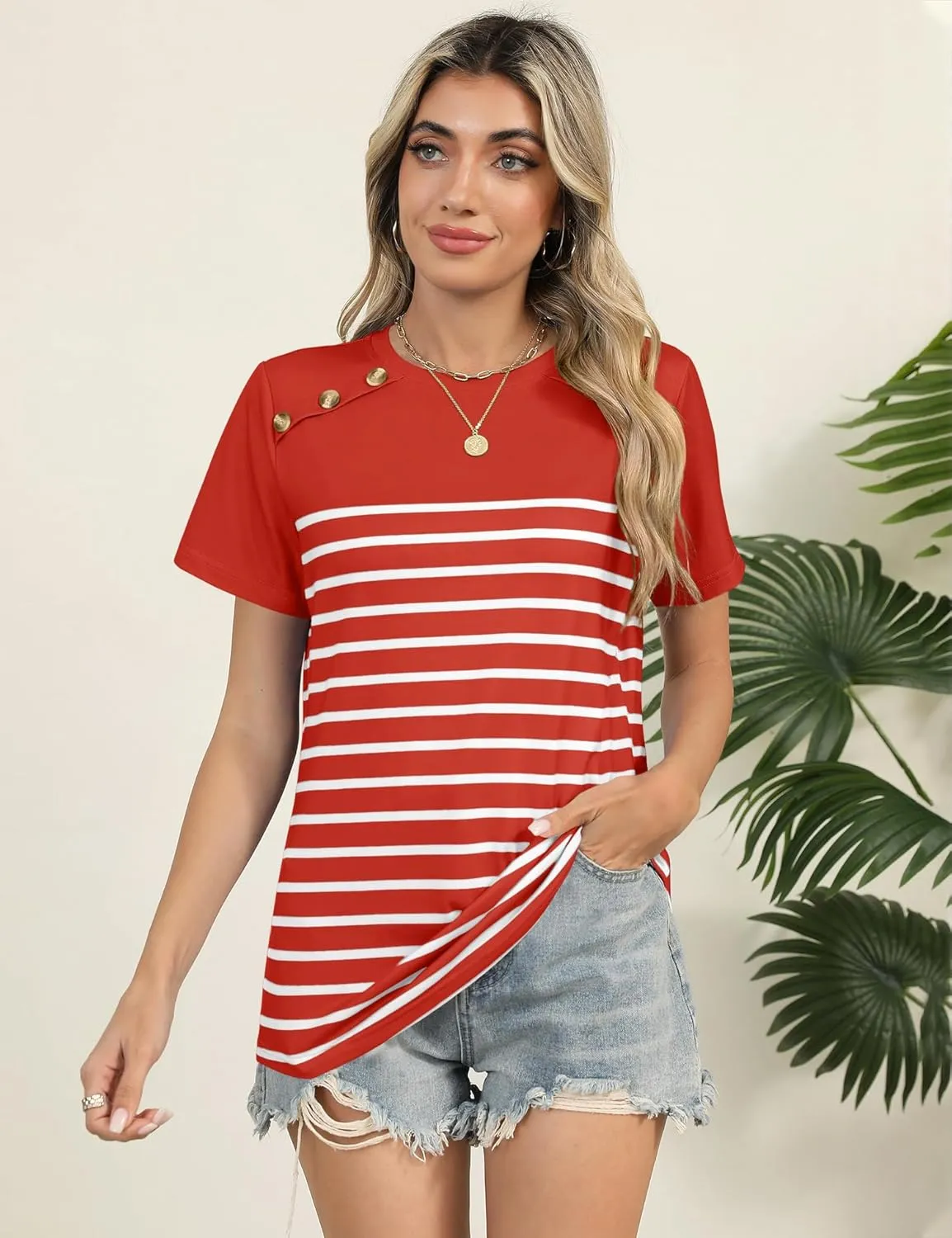 Rapbin Womens Summer Tops 2025 Dressy Casual Short Sleeve Crewneck T Shirts Trendy Striped Button Decor Tunic Blouse