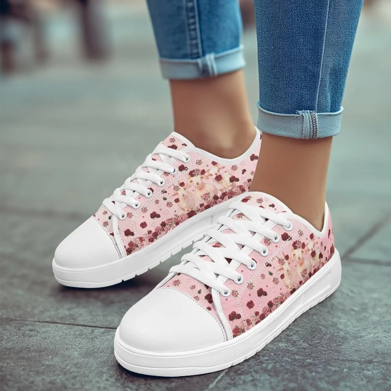 Red Rose Girls Canvas Sneakers Casual Work Animal Print Slip On Tennis Shoes Arch Support Footwear with White Sole