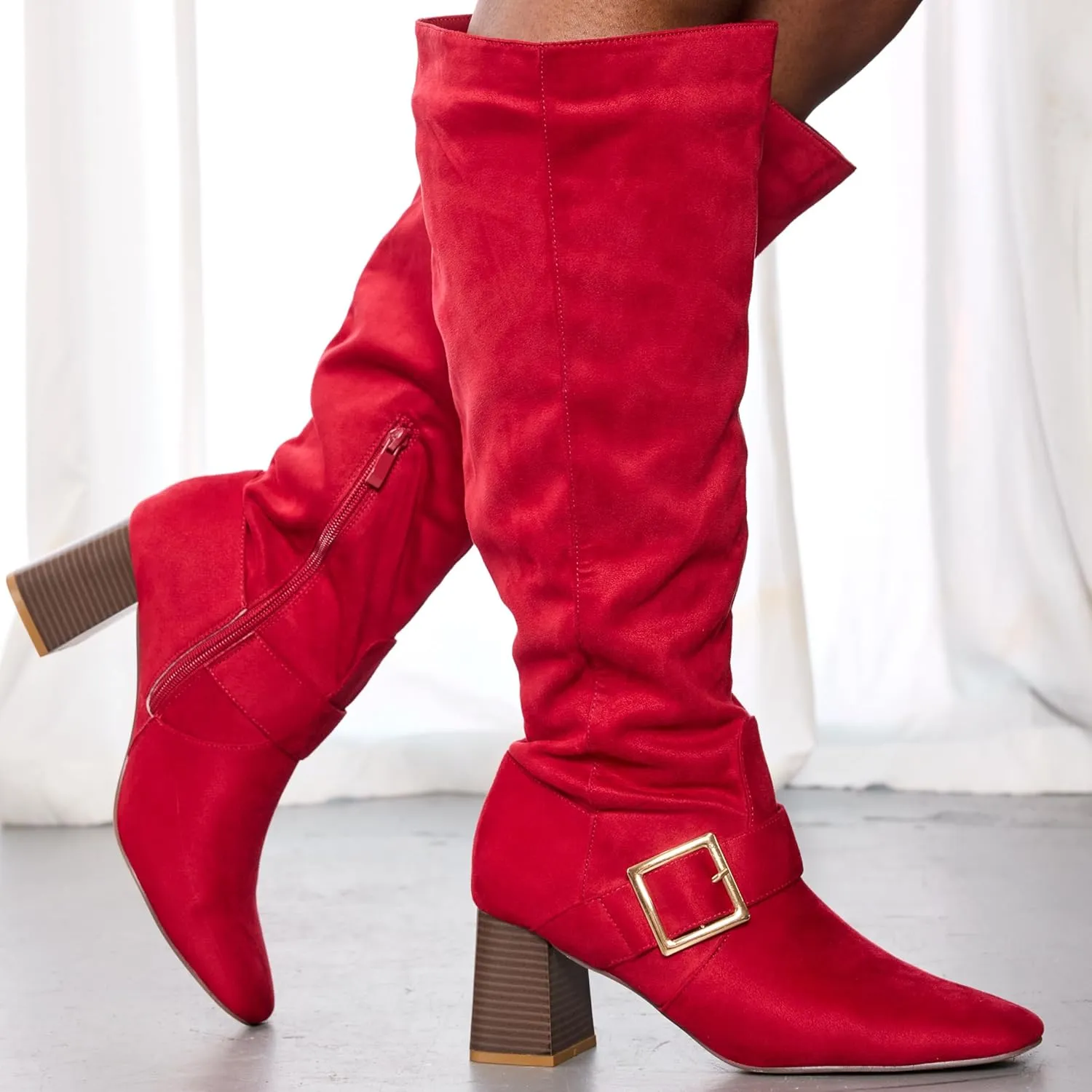 RF ROOM OF FASHION Women's Wide Calf Square Toe Block Heel Knee High Dress Boots