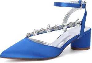 Rhinestones Satin Strappy Wedding Shoes Pointed Toe Block Low Heel Bridal Shoes Women Party Sandals 4.5CM Closed Toe Ankle Strap Pumps for Prom,Blue,8.5