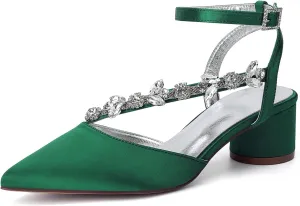 Rhinestones Satin Strappy Wedding Shoes Pointed Toe Block Low Heel Bridal Shoes Women Party Sandals 4.5CM Closed Toe Ankle Strap Pumps for Prom,Dark green,6